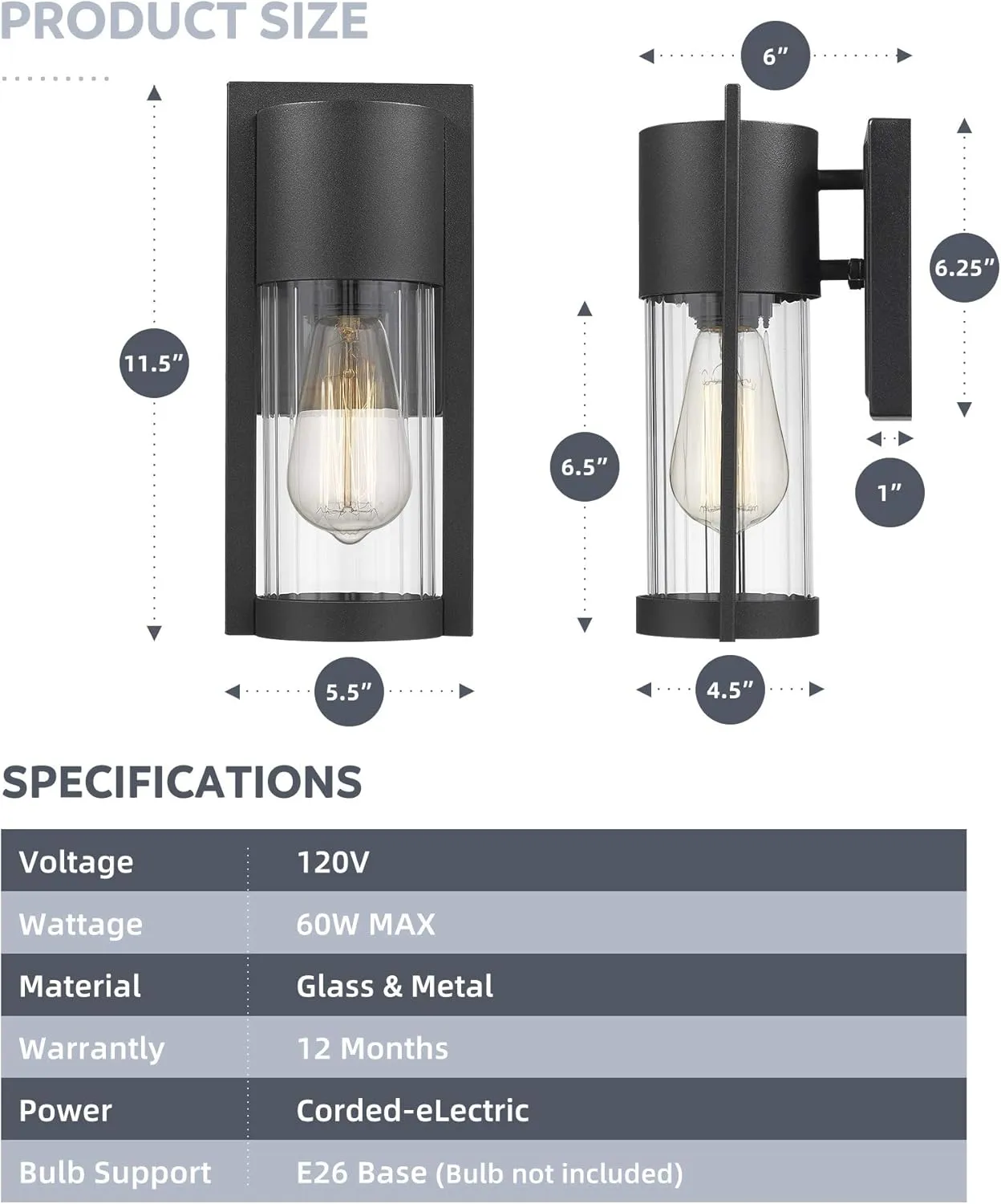 Outdoor Wall Lights, 2 Pack Black Exterior Lighting Fixtures Outdoor Waterproof Wall Mount Lantern with Glass, Modern Outside Wall Sconce for House Porch Garage Doorway, 2254/1W-2PK