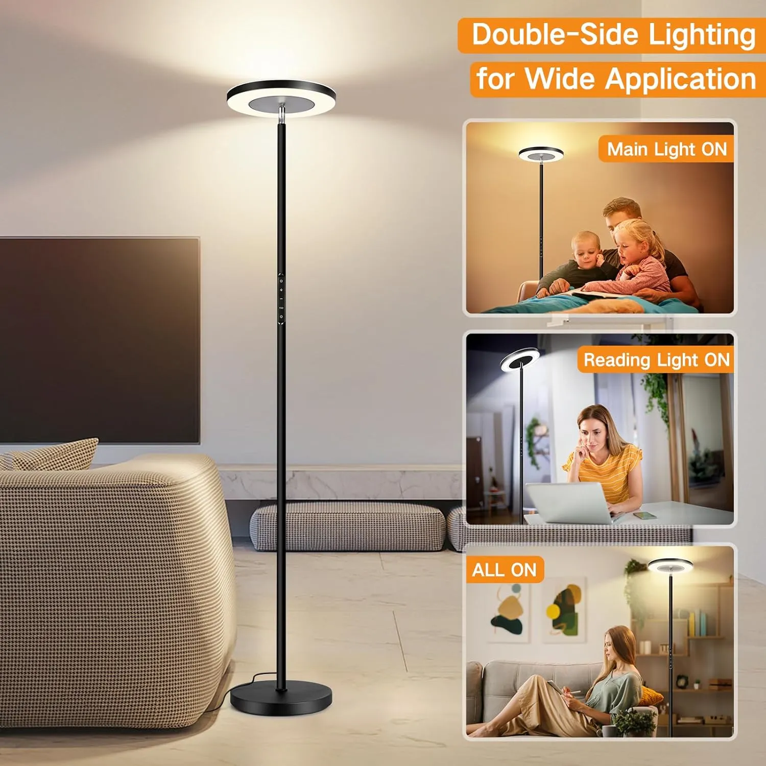 OUTON LED Torchiere Floor Lamp, Super Bright Dimmable Tall Standing Lamp with Remote Touch Control, 4 Color Temperatures, 1-Hour Timer for Living Room, Bedroom, Office (Classic Black)