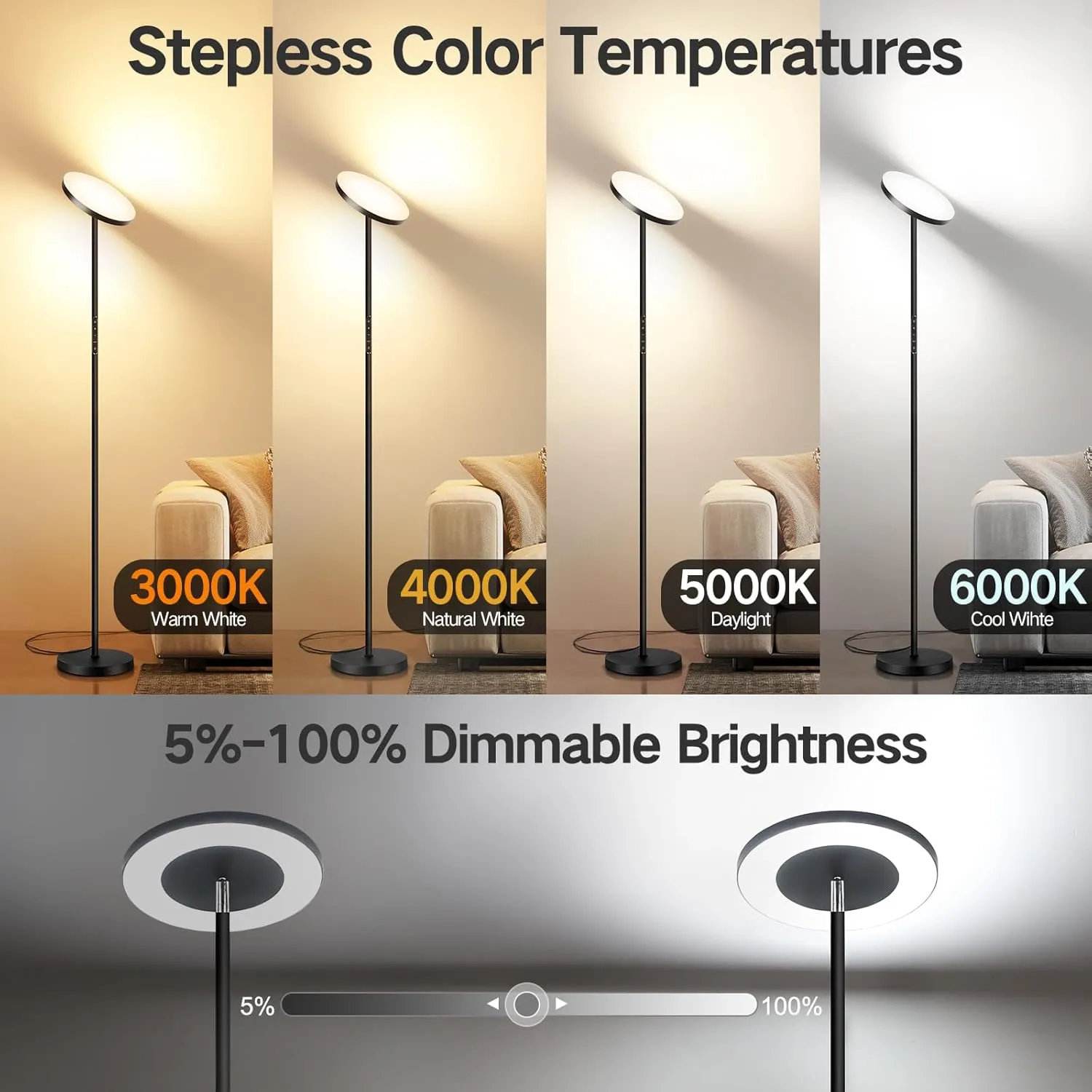 OUTON LED Torchiere Floor Lamp, Super Bright Dimmable Tall Standing Lamp with Remote Touch Control, 4 Color Temperatures, 1-Hour Timer for Living Room, Bedroom, Office (Classic Black)