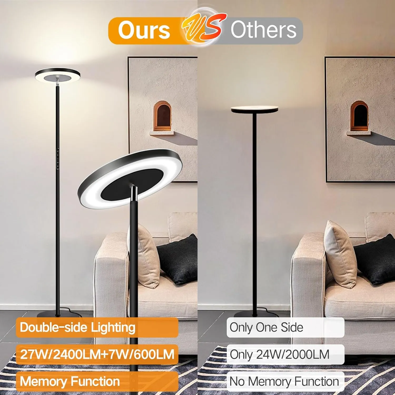 OUTON LED Torchiere Floor Lamp, Super Bright Dimmable Tall Standing Lamp with Remote Touch Control, 4 Color Temperatures, 1-Hour Timer for Living Room, Bedroom, Office (Classic Black)