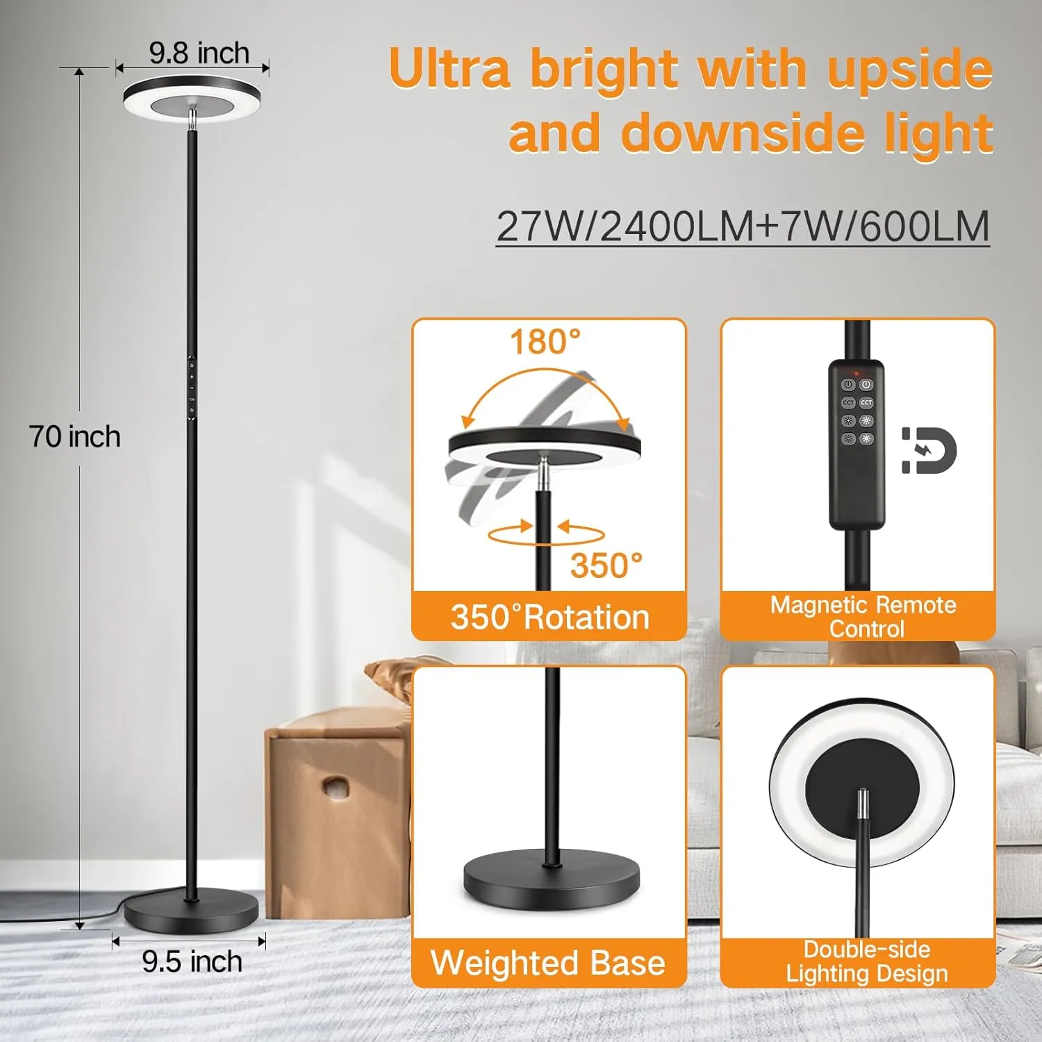OUTON LED Torchiere Floor Lamp, Super Bright Dimmable Tall Standing Lamp with Remote Touch Control, 4 Color Temperatures, 1-Hour Timer for Living Room, Bedroom, Office (Classic Black)