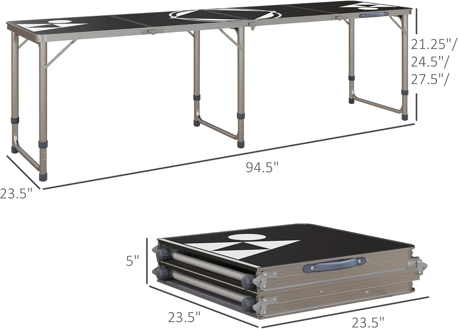 Outsunny 8ft Portable Beer Pong Table with Adjustable Legs, Folding Camping Table, Aluminum Picnic Table, for Party, Travel, BBQ, Beach, Black and White