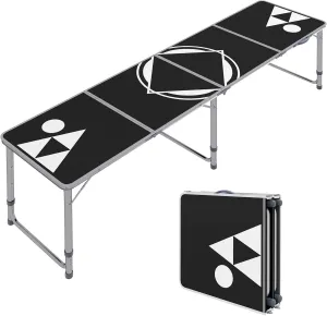 Outsunny 8ft Portable Beer Pong Table with Adjustable Legs, Folding Camping Table, Aluminum Picnic Table, for Party, Travel, BBQ, Beach, Black and White