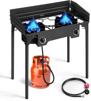 Outvita 2 Burner Propane Gas Stove for Outdoor Cooking, 150,000 BTU Camping Cooker with Windscreen for Cooking BBQ Baking Turkey Frying