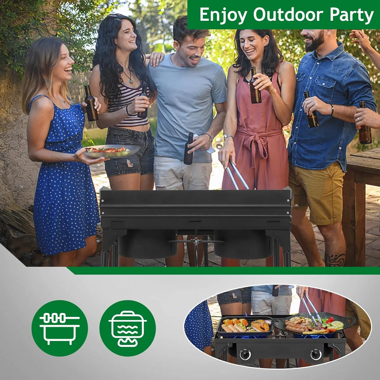 Outvita 2 Burner Propane Gas Stove for Outdoor Cooking, 150,000 BTU Camping Cooker with Windscreen for Cooking BBQ Baking Turkey Frying