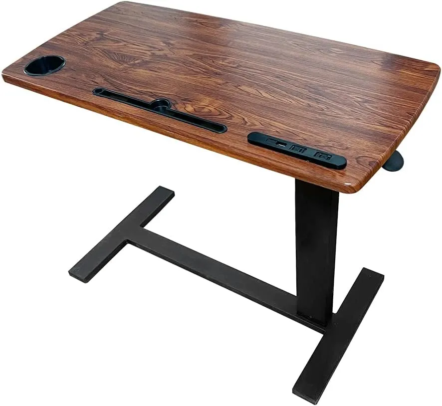 Over bed Table Pneumatic Adjustable Height Stand Desk with hidden wheels USB Ports Pad slot Mobile Laptop Standing Desk Cart, Podium table (Wanult, 32X16 inshes)
