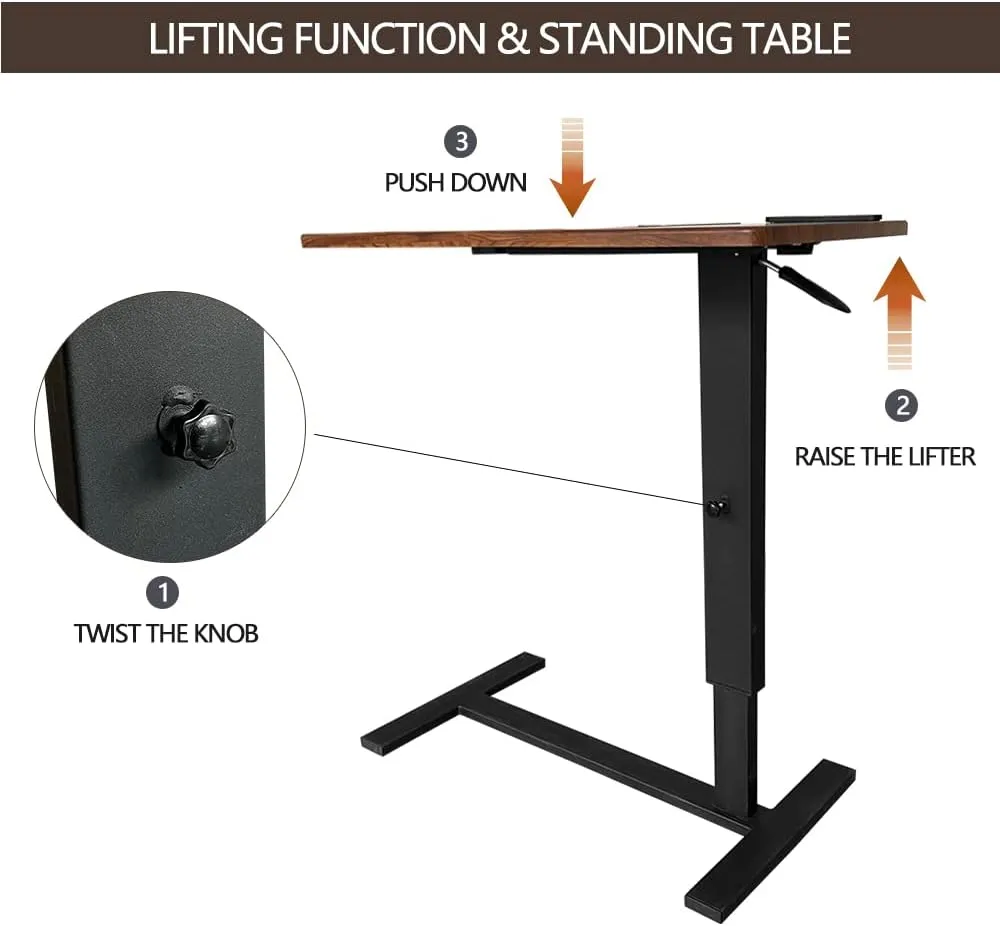 Over bed Table Pneumatic Adjustable Height Stand Desk with hidden wheels USB Ports Pad slot Mobile Laptop Standing Desk Cart, Podium table (Wanult, 32X16 inshes)