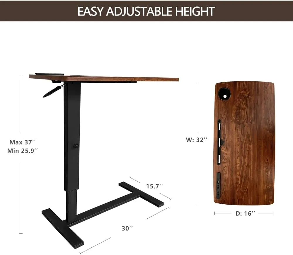Over bed Table Pneumatic Adjustable Height Stand Desk with hidden wheels USB Ports Pad slot Mobile Laptop Standing Desk Cart, Podium table (Wanult, 32X16 inshes)