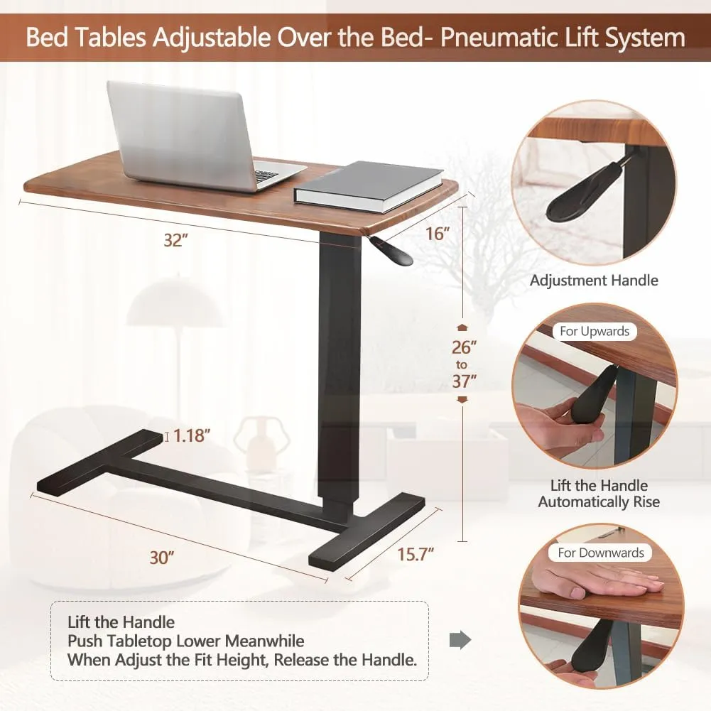 Overbed Table Hospital Bed Table,Pneumatic Mobile Standing Desk&Rolling Laptop Desk,Overbed Table with Wheels Adjustable Height,Medical Bedside Table Home Use-Walnut