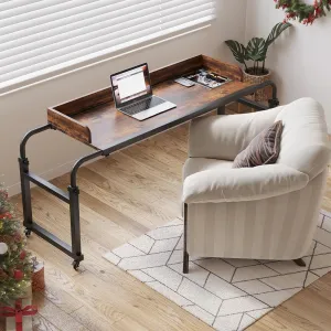 Overbed Table with Wheels, Bed Desk Over Bed Table with Wheels Adjustable Height Bed Laptop Table, Queen King Size Over The Bed Table with Wheels & Heavy Duty Metal Leg