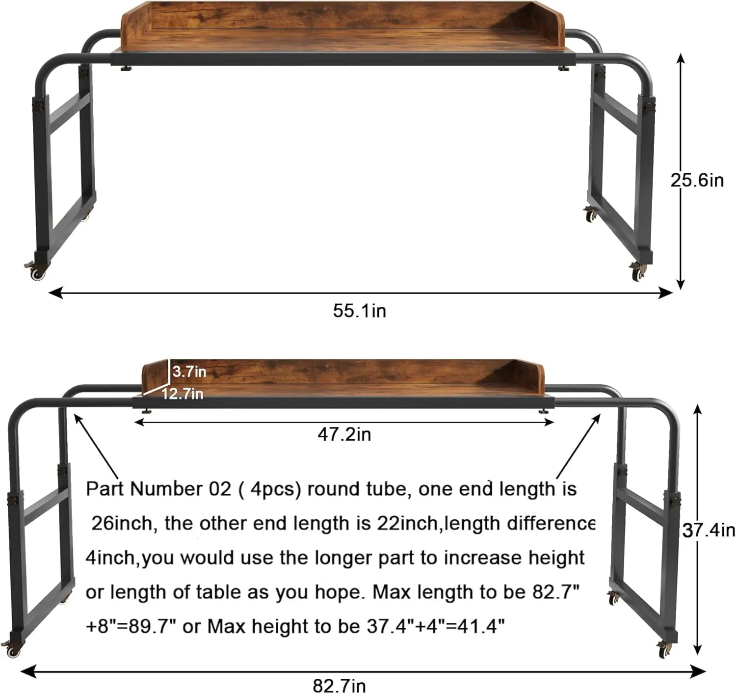 Overbed Table with Wheels, Bed Desk Over Bed Table with Wheels Adjustable Height Bed Laptop Table, Queen King Size Over The Bed Table with Wheels & Heavy Duty Metal Leg