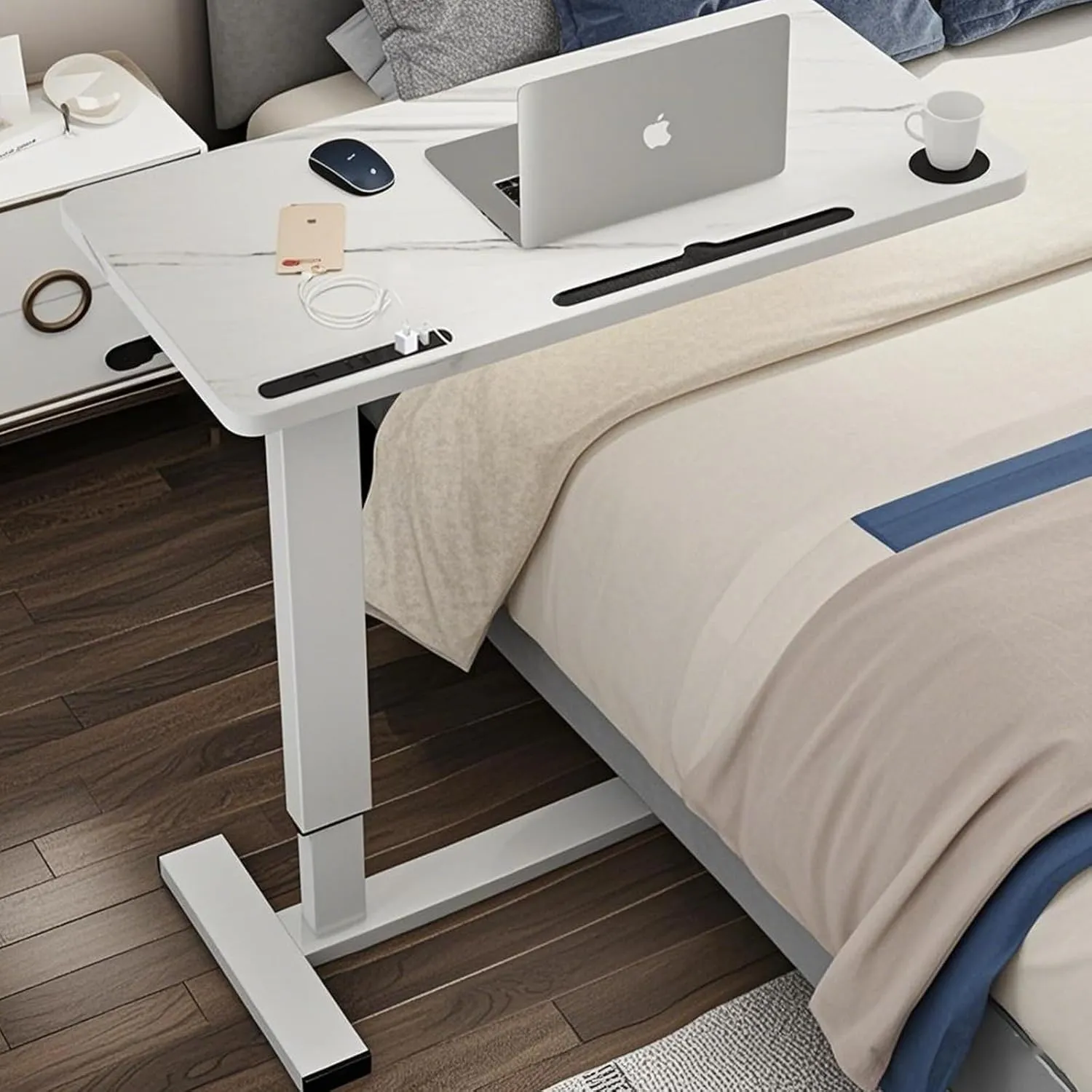 Overbed Table,Hospital Bed Table,Pneumatic Bed Tables Adjustable Over The Bed with Hidden Wheels&USB Port,Mobile Laptop Table Cart and Rolling Bedside Table with Tray Hospital Home Use-White