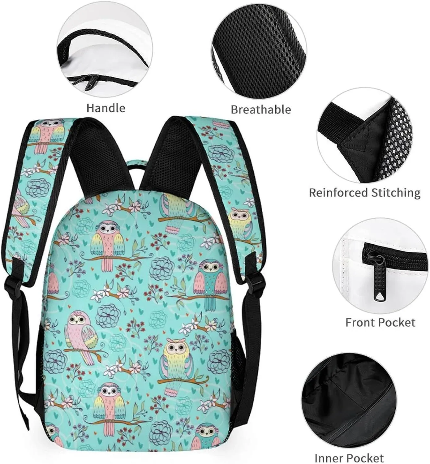 Owl Backpack with Lunch Box & Pencil Case for Kids Girls Boys School, 16 Inch Cute Owls Bookbag, School Backpack for Students Children, Lightweight, Large Capacity