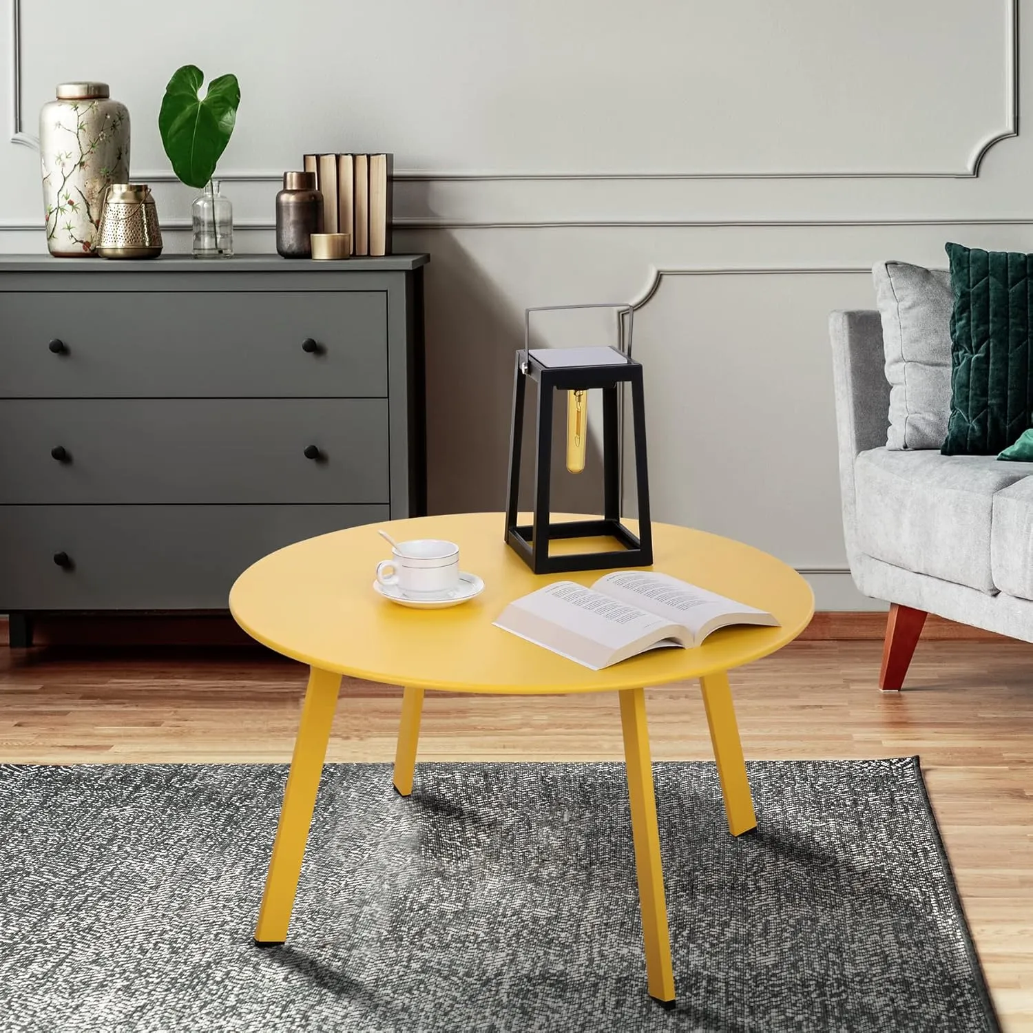 Patio Coffee Table - 28inch Metal Steel Outdoor Round Table Weather Resistant Anti-Rust Outdoor Table (Yellow)