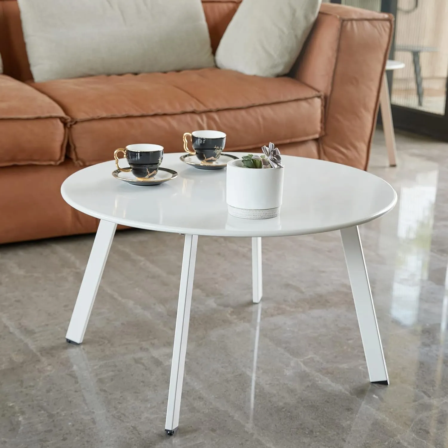 Patio Coffee Table, Metal Steel Outdoor Round Table Weather Resistant Anti-Rust Outdoor Table, White