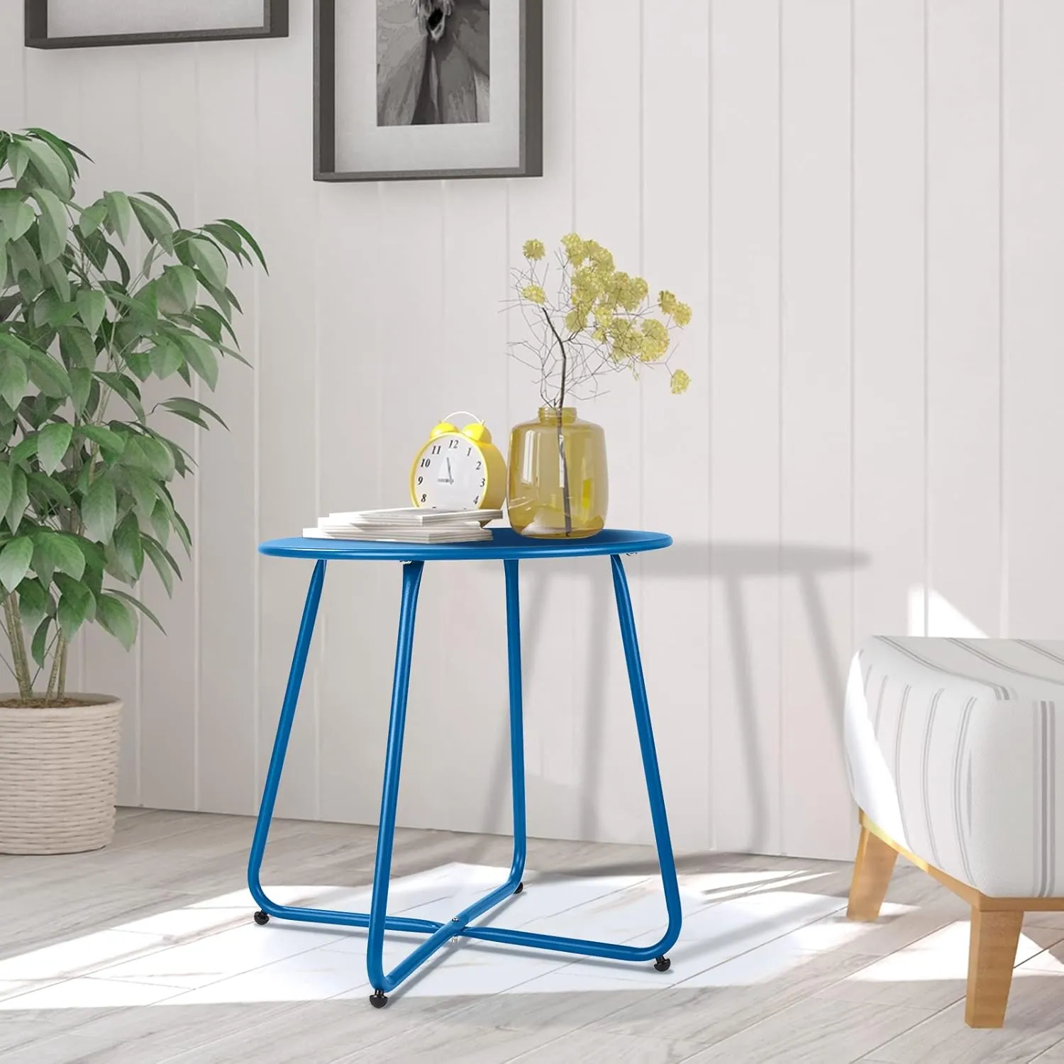 Patio Outdoor Side Table Waterproof Round Metal Steel Small Side Table Weather Resistant Portable Outdoor and Indoor End Table for Garden Balcony Yard, Navy Blue