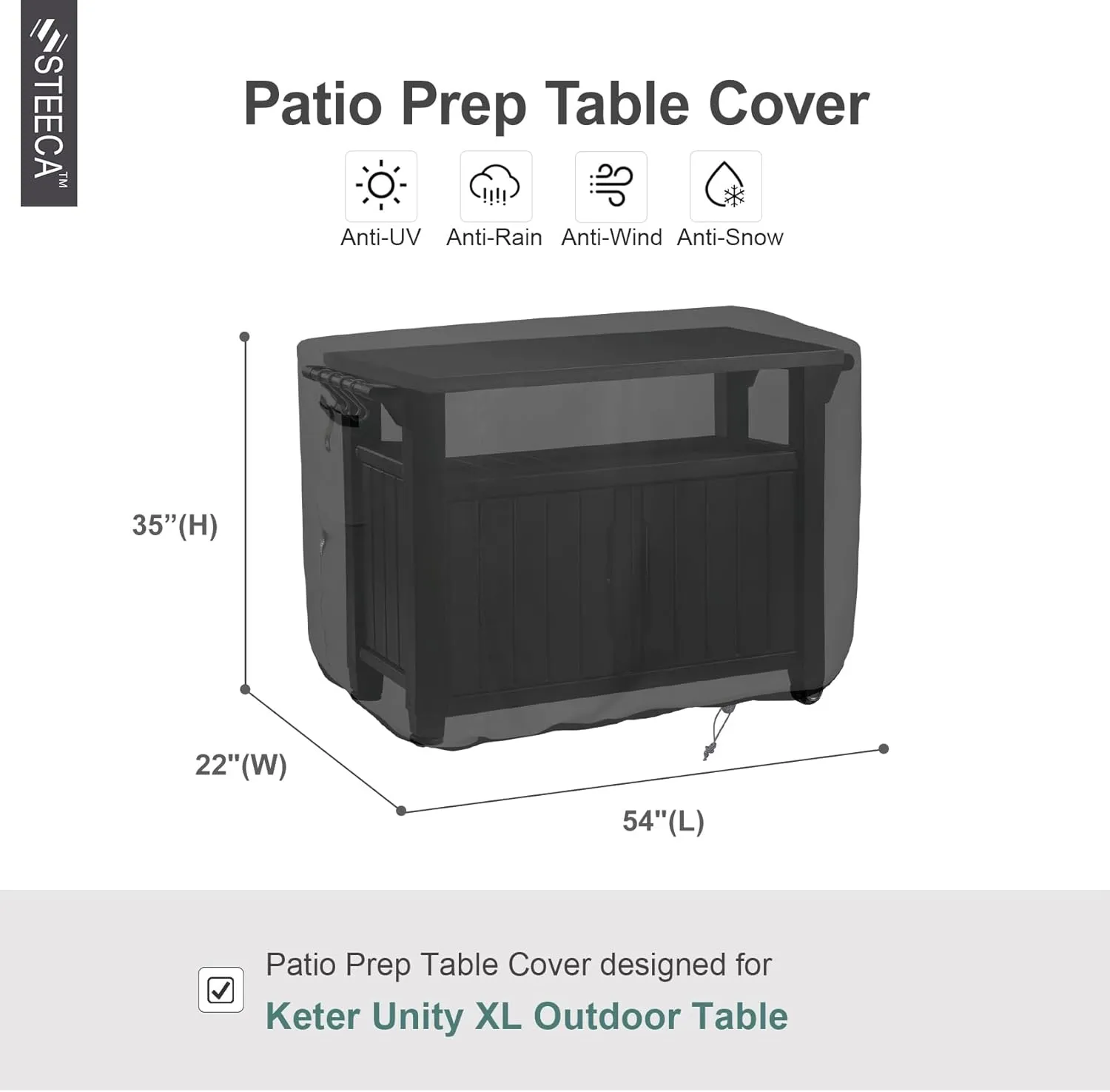 Patio Prep Table Cover for 52 Inch Keter Unity XL Portable Table, Waterproof Weather-Resistant BBQ Grill Prep Table Cover 54L x 22W x 35H, Black
