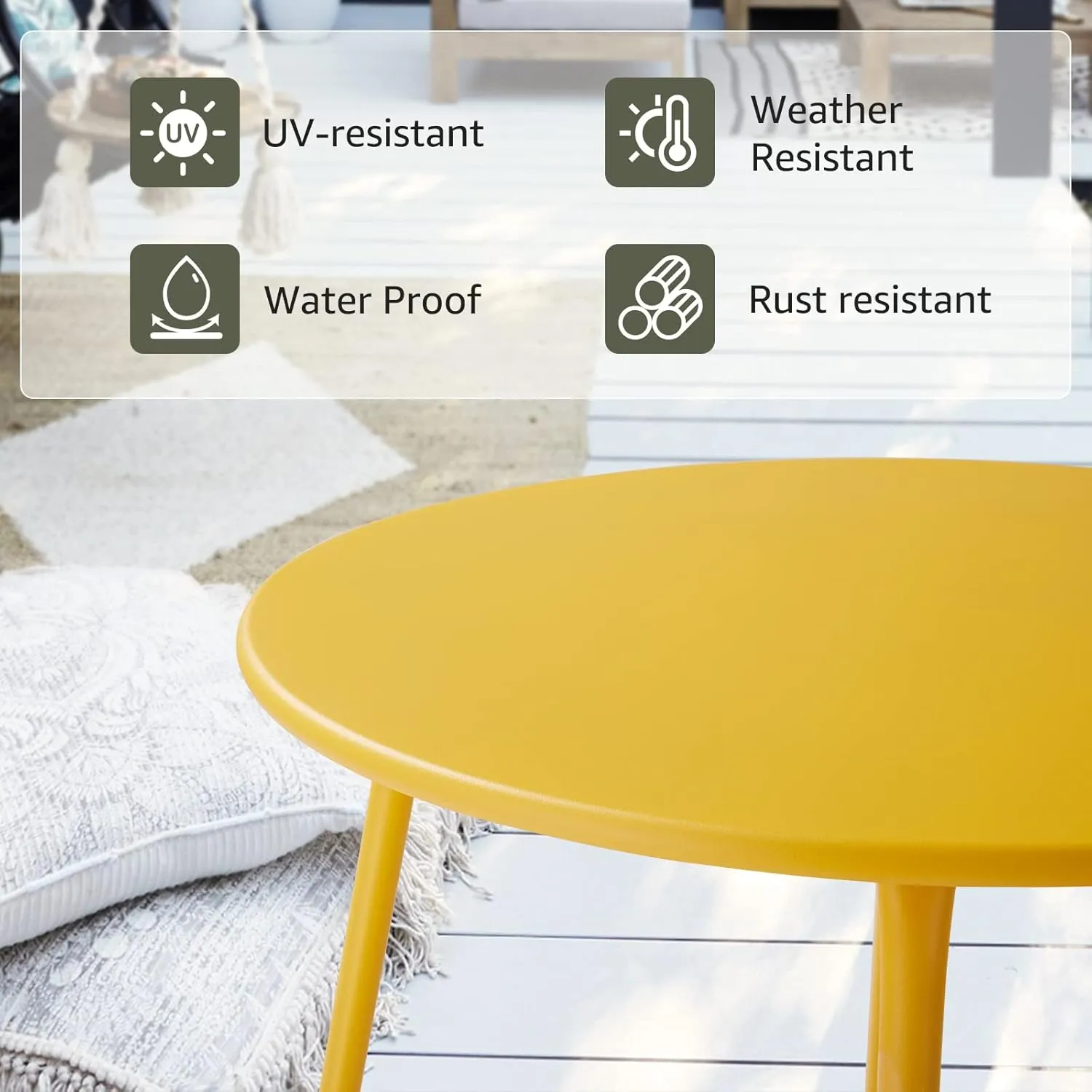 Patio Small Outdoor Side Table Waterproof Round Metal Steel Side Table Weather Resistant Portable Outdoor and Indoor End Table for Garden Balcony Yard, Yellow