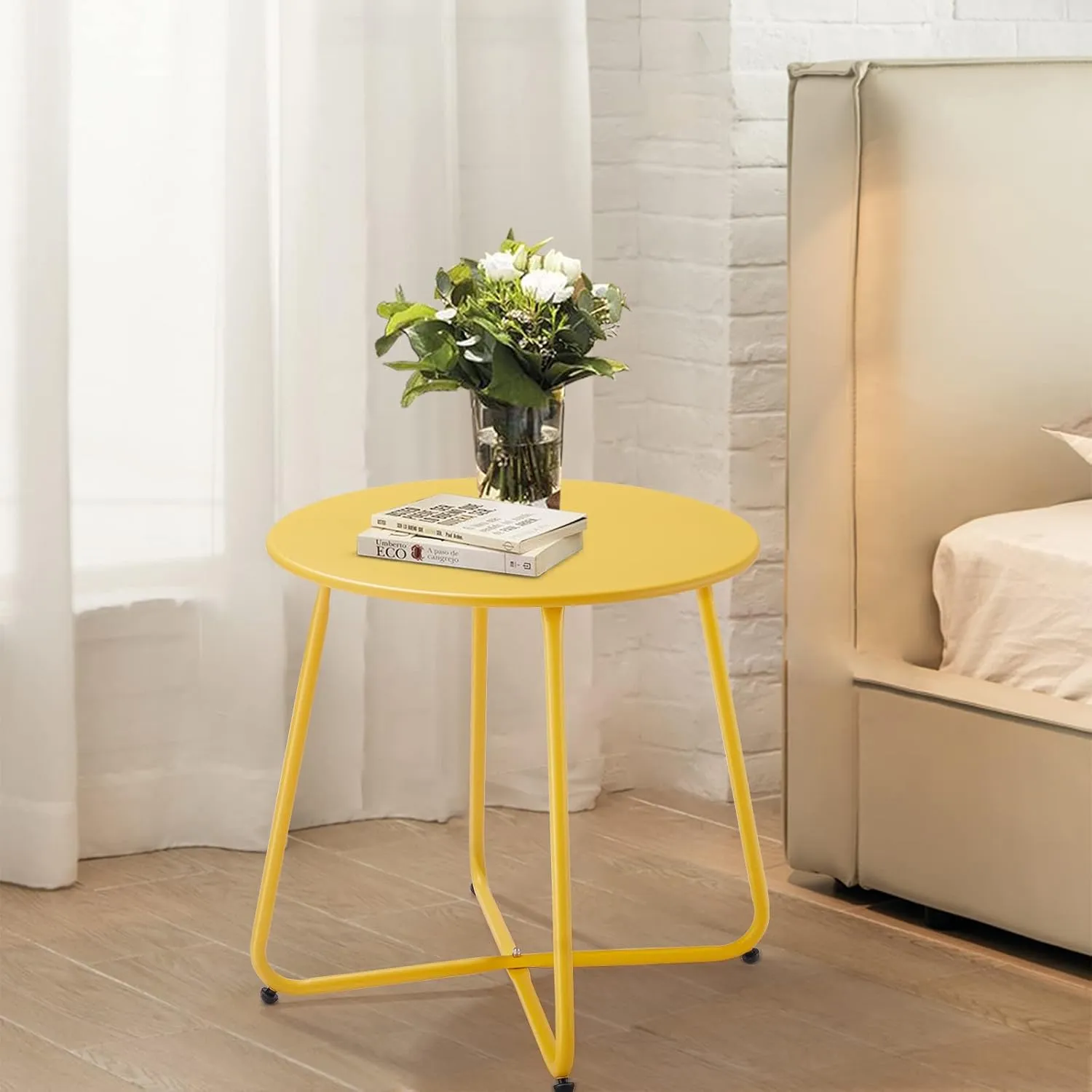 Patio Small Outdoor Side Table Waterproof Round Metal Steel Side Table Weather Resistant Portable Outdoor and Indoor End Table for Garden Balcony Yard, Yellow