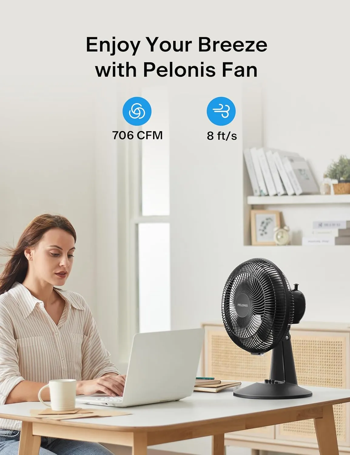 PELONIS Table Fan 12-Inch, 120° Oscillating Table Fan Small Portable Electric Plug-In Desk Fan with 3-Speeds, 126° Adjustable Tilt Head for Bedroom and Office Black