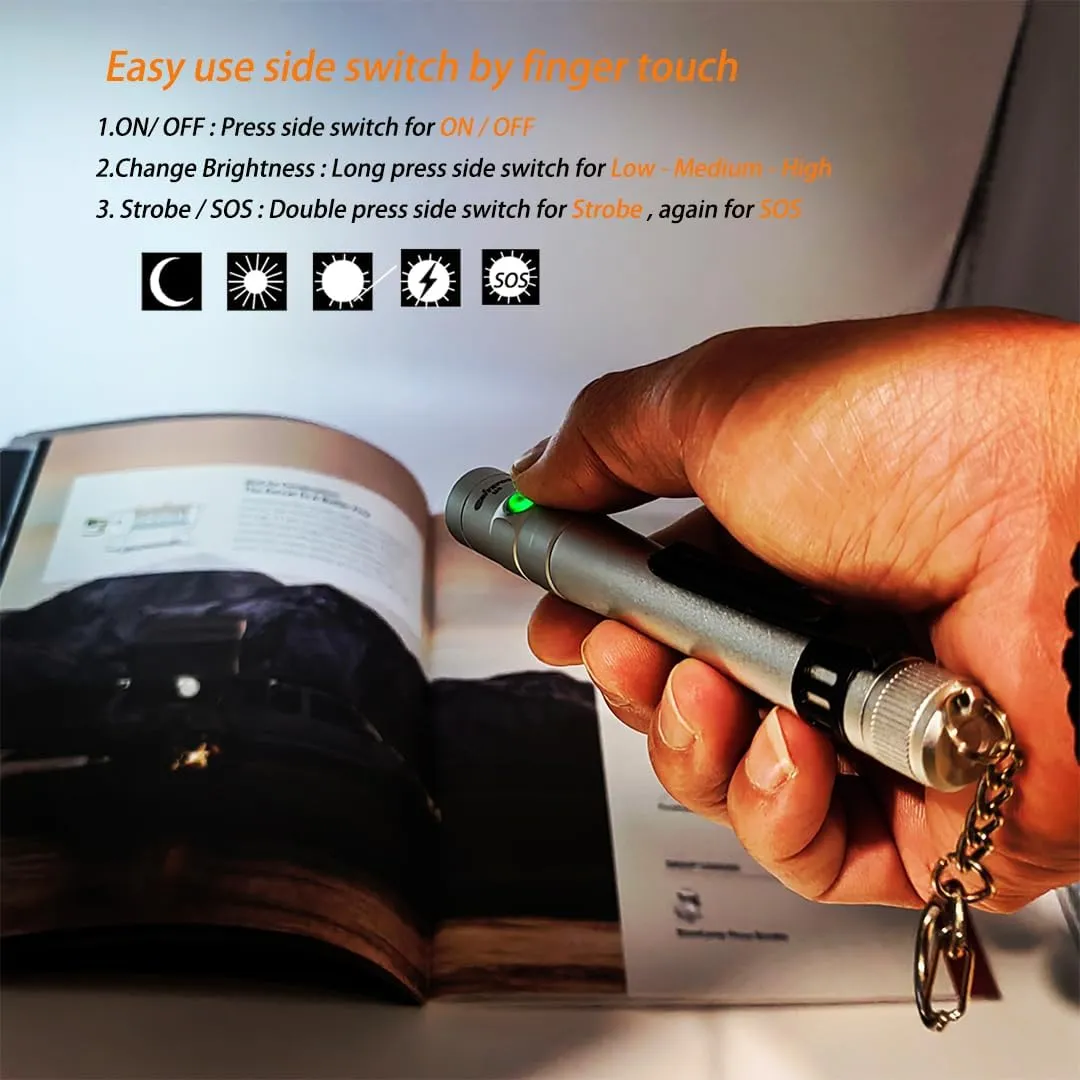 Pen Light Rechargeable EDC Pocket Flashlight with Clip Diffuser,Bright 300 Lumens, Side Switch One-hand Easy Use for Everyday Work,Emergency,Tight Spaces, Workers, Nurses Medical Use