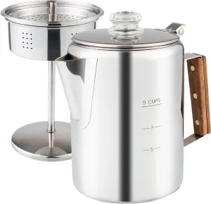 Percolator Coffee Pot Using on Induction Cooker & Campfire Stove, Stainless Steel Camping Coffee Pot Coffee Maker with Tempered Borosilicate Glass Knob Top NO Aluminum NO Plastic 9 Cup