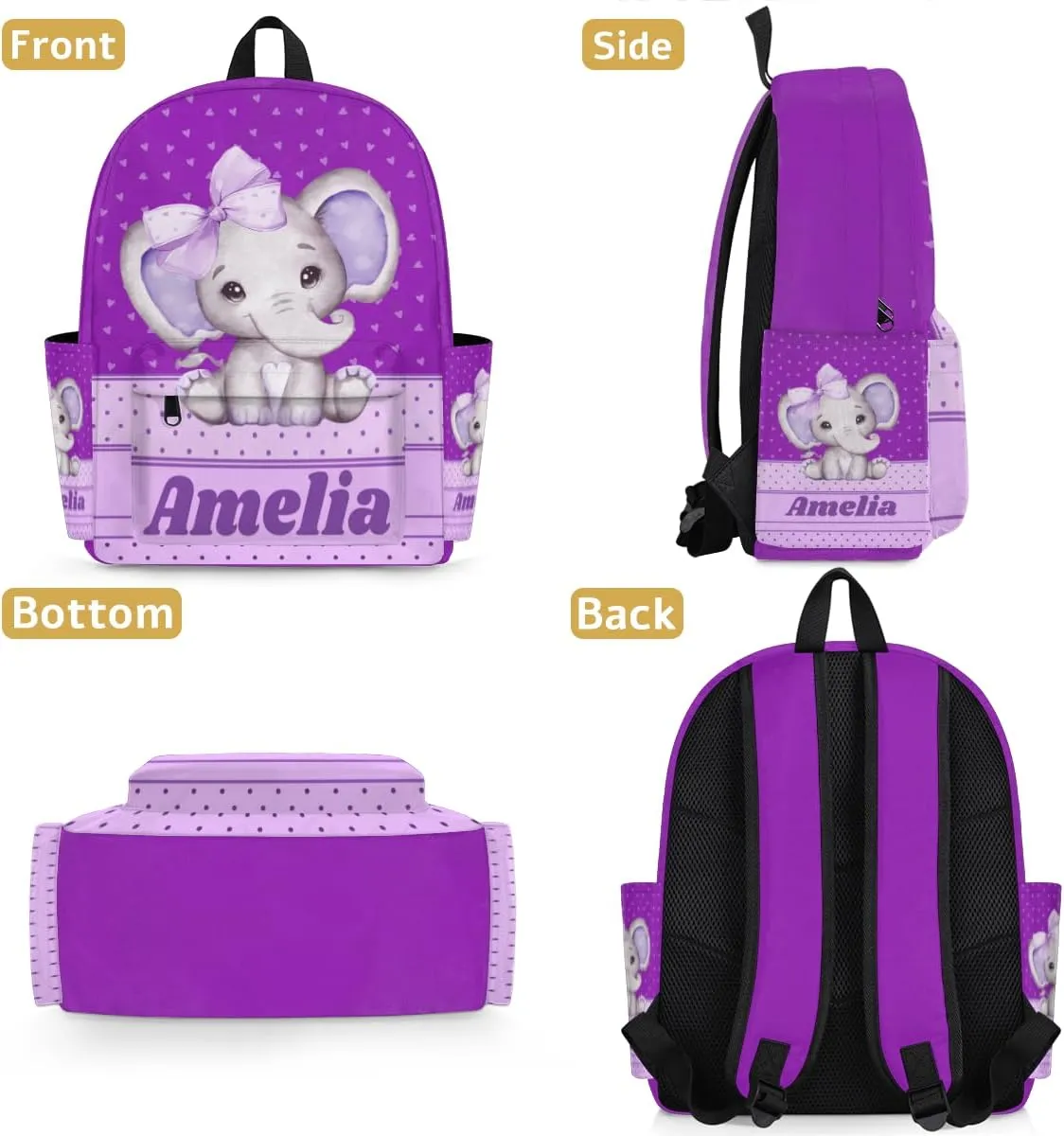 Personalized Backpack, Custom Backpacks with Name, Customized Bag for Travel Picnic 15in, Purple Elephant with Bow Tie, Love Hearts, Dark Violet