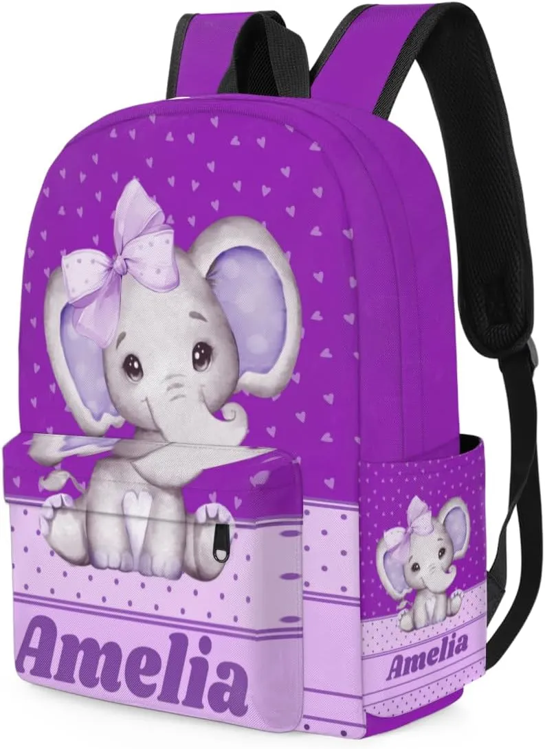 Personalized Backpack, Custom Backpacks with Name, Customized Bag for Travel Picnic 15in, Purple Elephant with Bow Tie, Love Hearts, Dark Violet