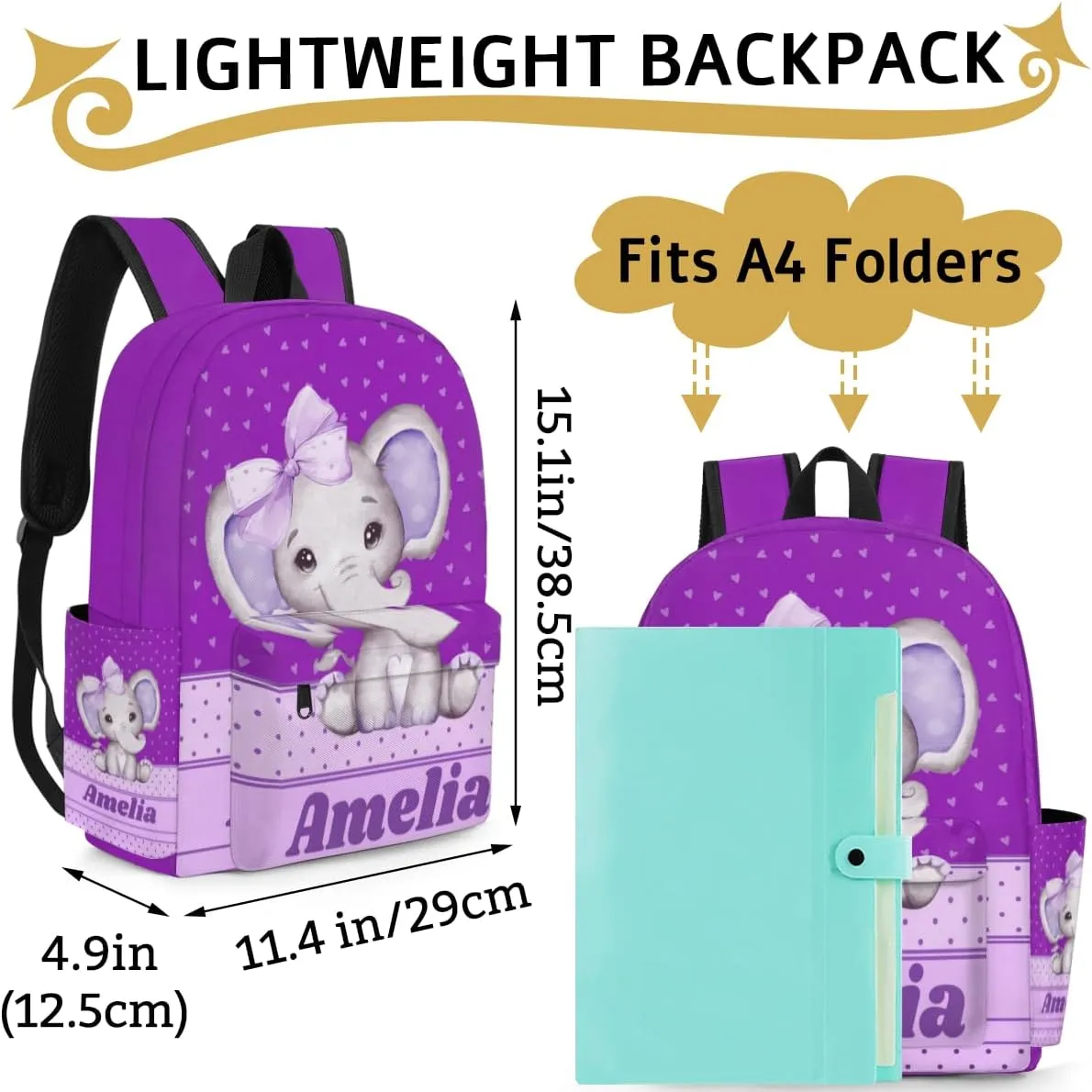 Personalized Backpack, Custom Backpacks with Name, Customized Bag for Travel Picnic 15in, Purple Elephant with Bow Tie, Love Hearts, Dark Violet
