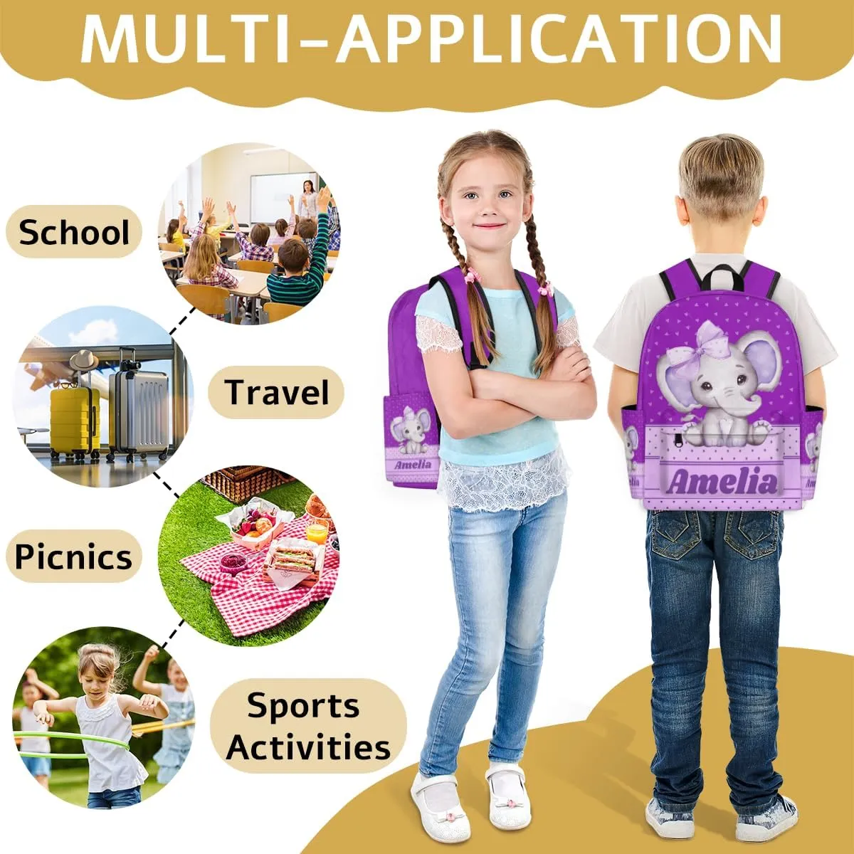 Personalized Backpack, Custom Backpacks with Name, Customized Bag for Travel Picnic 15in, Purple Elephant with Bow Tie, Love Hearts, Dark Violet