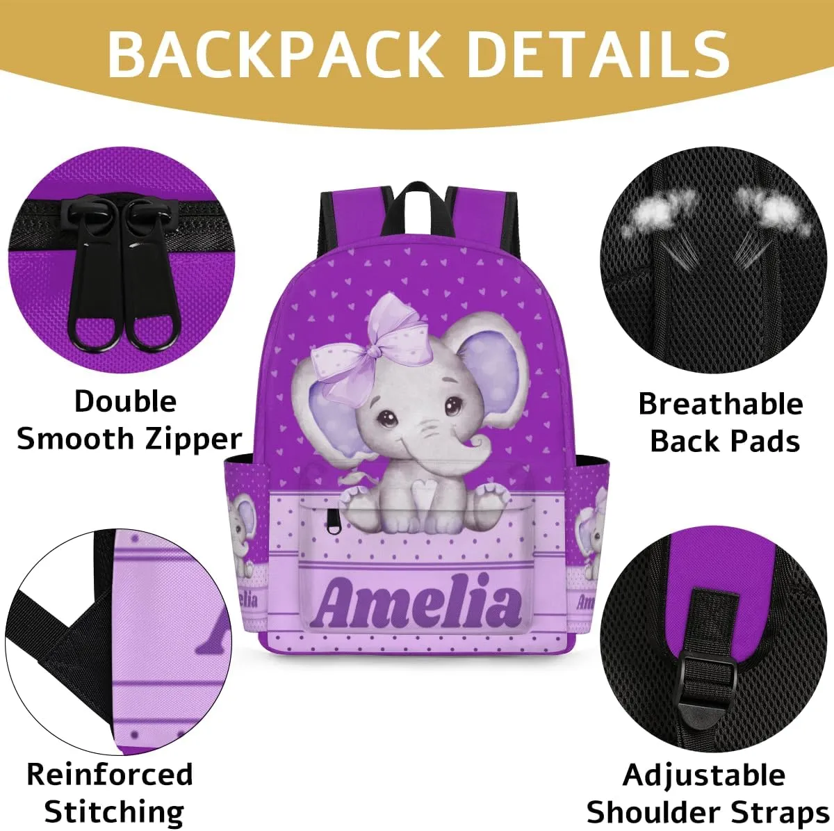 Personalized Backpack, Custom Backpacks with Name, Customized Bag for Travel Picnic 15in, Purple Elephant with Bow Tie, Love Hearts, Dark Violet