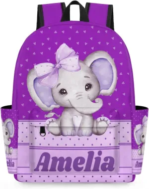 Personalized Backpack, Custom Backpacks with Name, Customized Bag for Travel Picnic 15in, Purple Elephant with Bow Tie, Love Hearts, Dark Violet