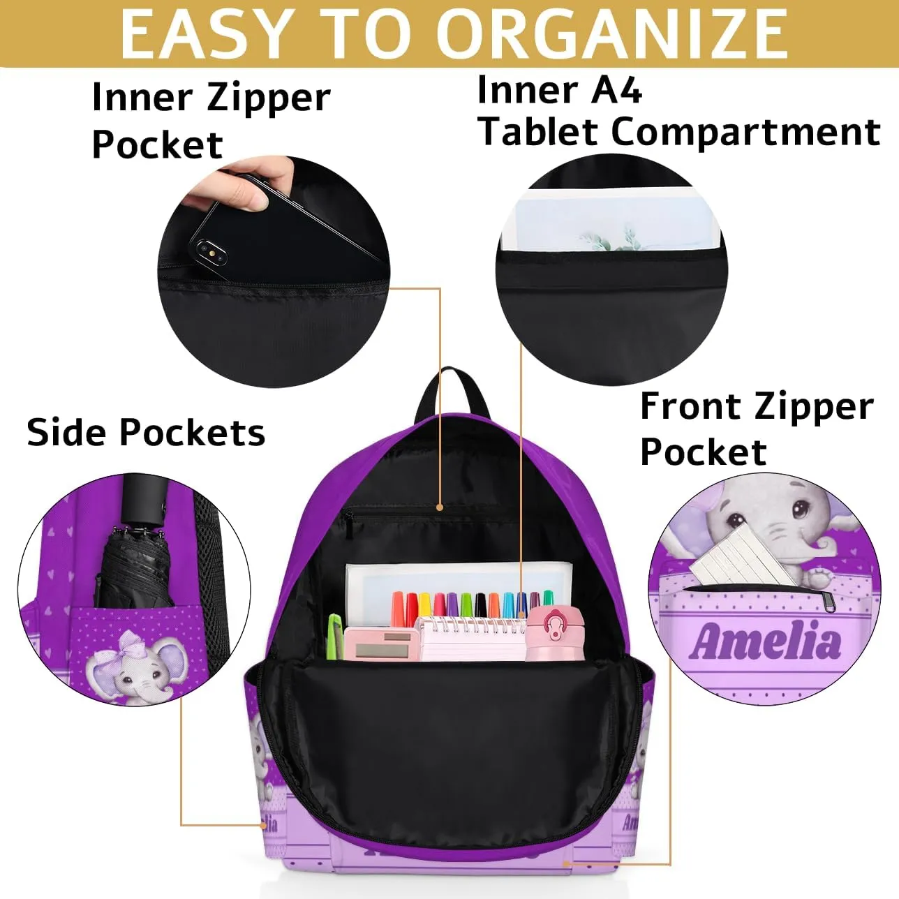 Personalized Backpack, Custom Backpacks with Name, Customized Bag for Travel Picnic 15in, Purple Elephant with Bow Tie, Love Hearts, Dark Violet