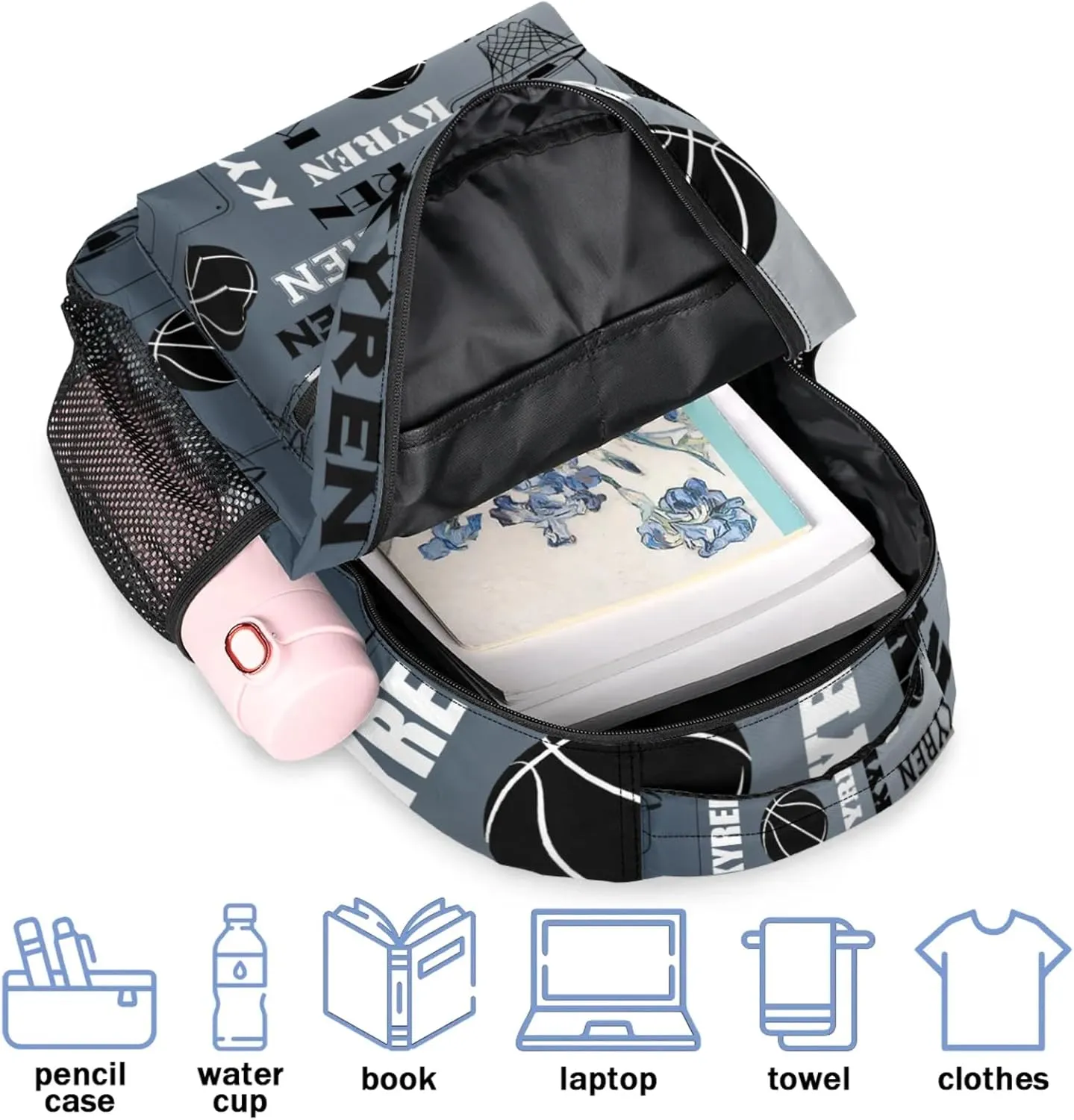 Personalized Basketball Backpack for Men Women, Custom Laptop Backpack with Name, Sports Bag Lightweight Daypack for Travel Camping, Black Grey