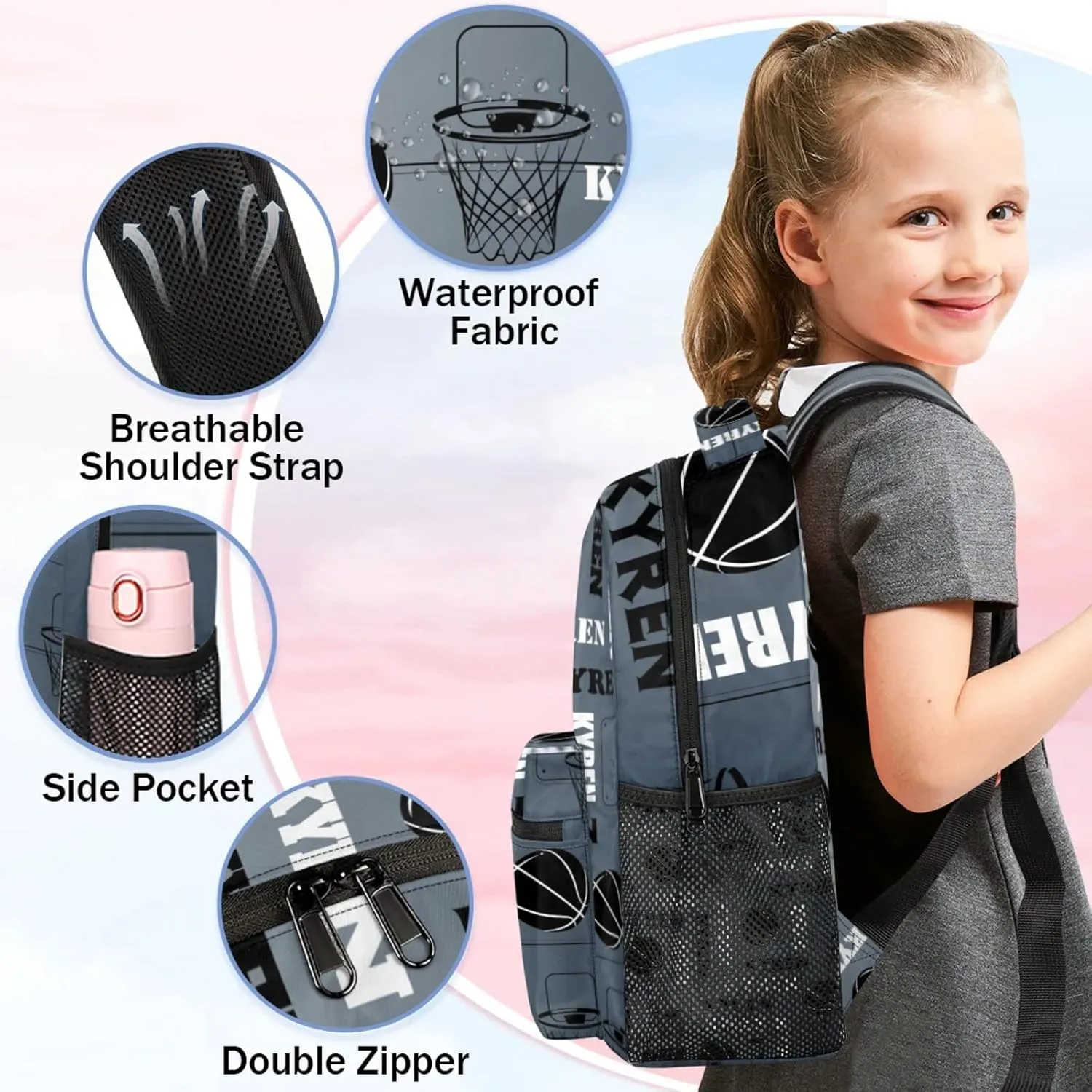 Personalized Basketball Backpack for Men Women, Custom Laptop Backpack with Name, Sports Bag Lightweight Daypack for Travel Camping, Black Grey