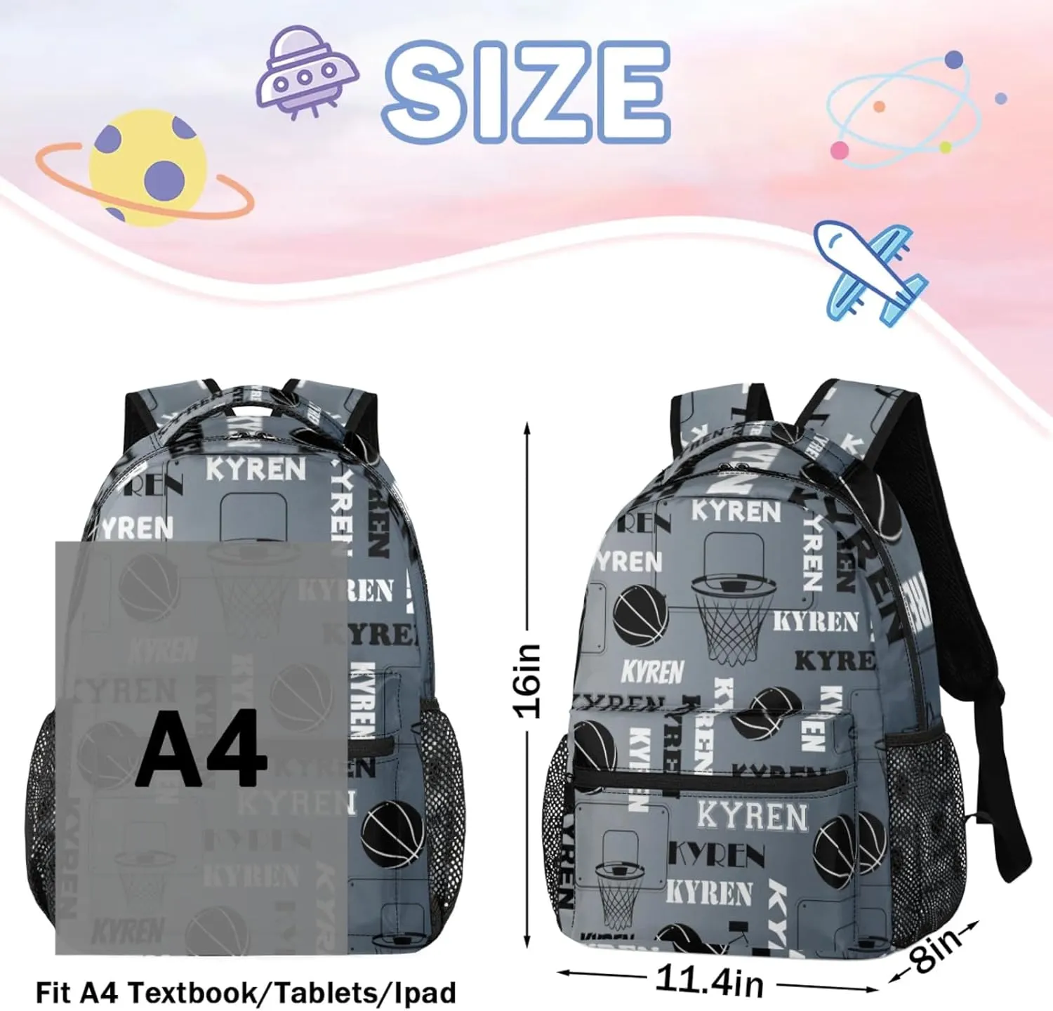 Personalized Basketball Backpack for Men Women, Custom Laptop Backpack with Name, Sports Bag Lightweight Daypack for Travel Camping, Black Grey