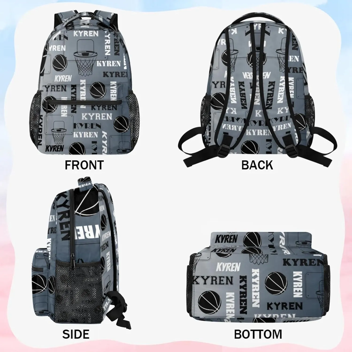 Personalized Basketball Backpack for Men Women, Custom Laptop Backpack with Name, Sports Bag Lightweight Daypack for Travel Camping, Black Grey