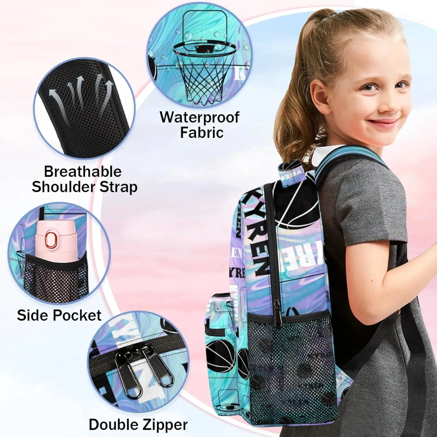 Personalized Basketball Backpack for Men Women, Custom Name Laptop Backpack, Sports Bag Lightweight Daypack for Travel Camping, Blue Purple