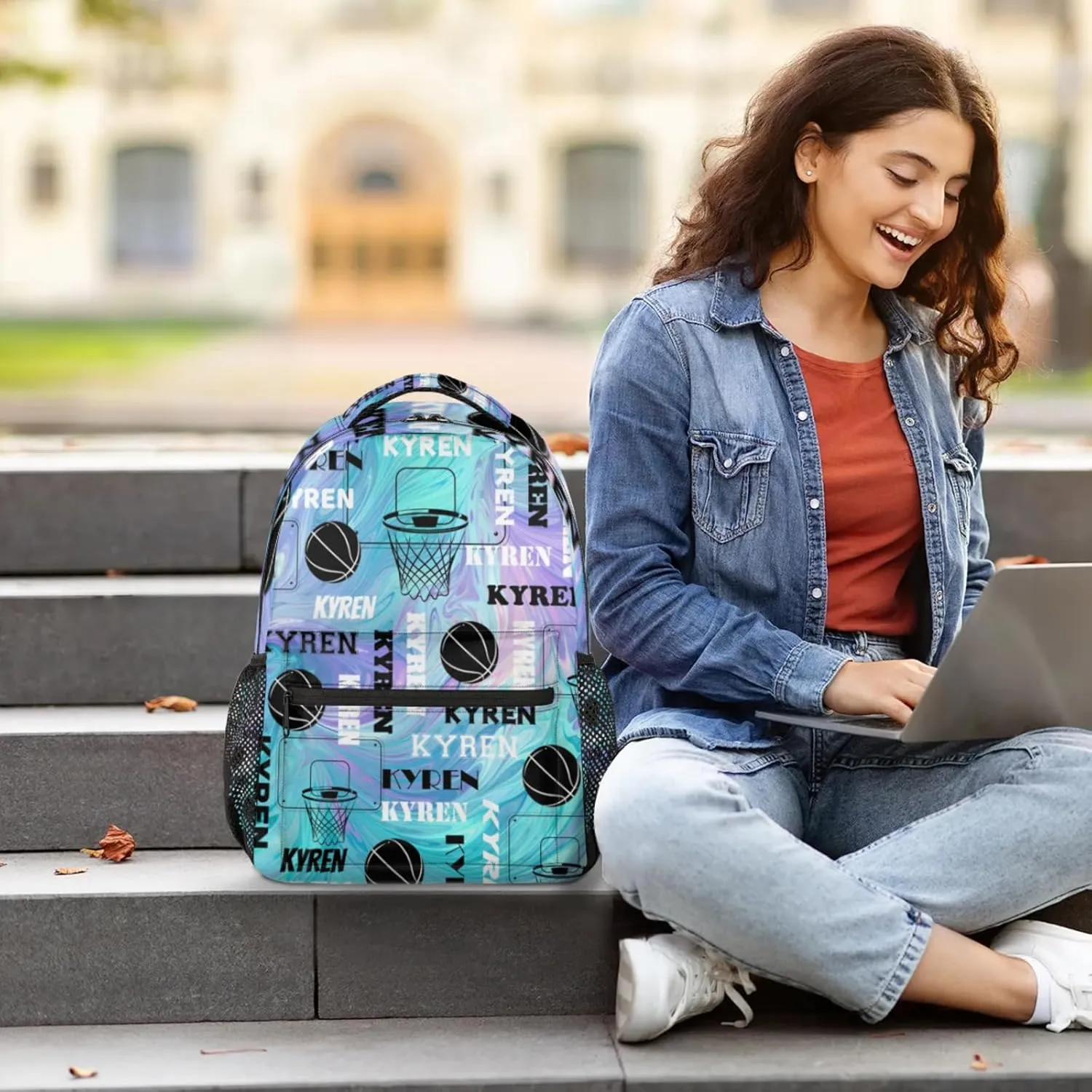 Personalized Basketball Backpack for Men Women, Custom Name Laptop Backpack, Sports Bag Lightweight Daypack for Travel Camping, Blue Purple