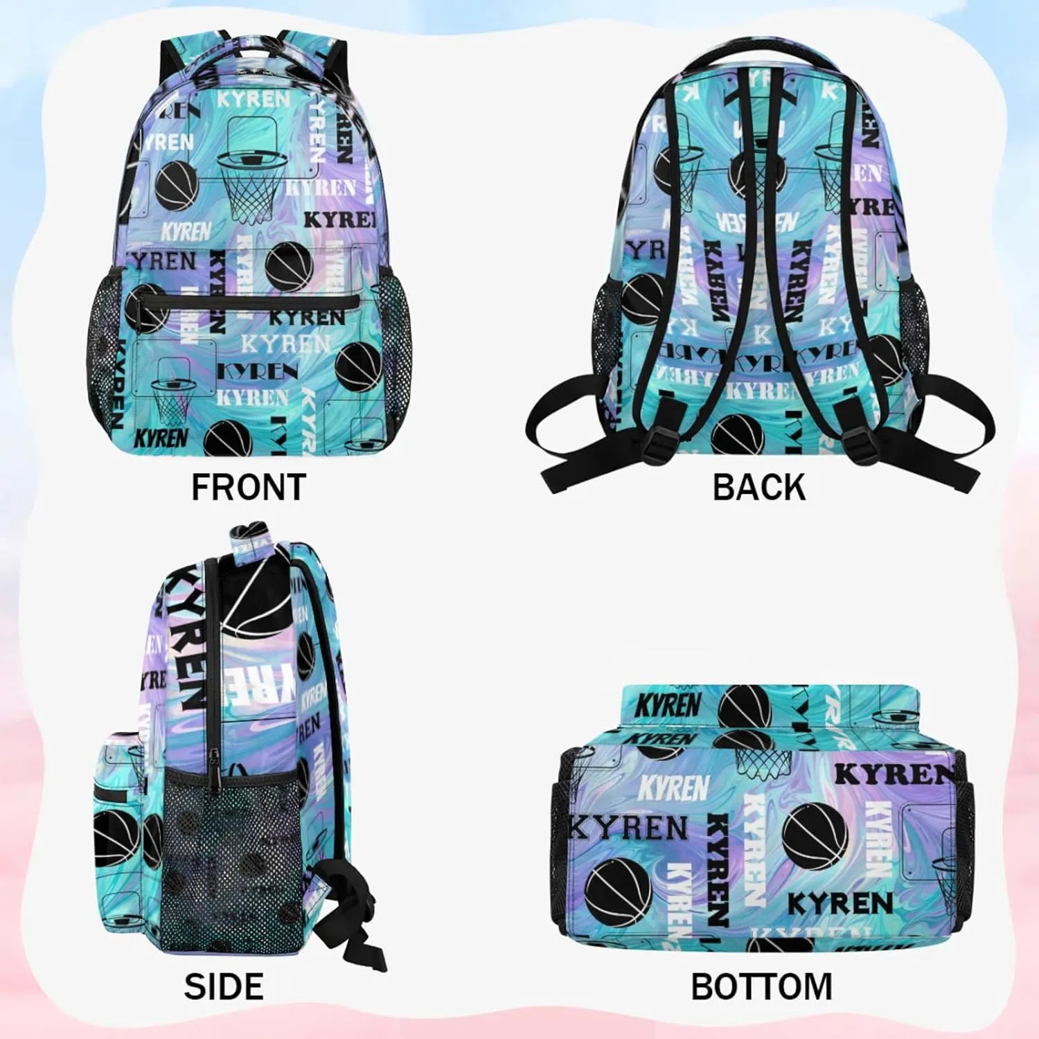 Personalized Basketball Backpack for Men Women, Custom Name Laptop Backpack, Sports Bag Lightweight Daypack for Travel Camping, Blue Purple