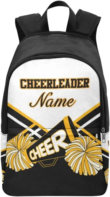 Personalized Cheerleader Black Gold & White Backpack with Name Custom Travel Daypack Bag for Man Woman Gifts