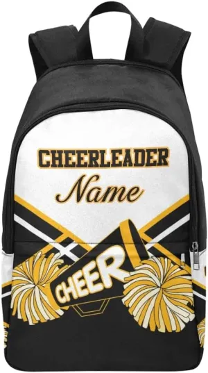 Personalized Cheerleader Black Gold & White Backpack with Name Custom Travel Daypack Bag for Man Woman Gifts
