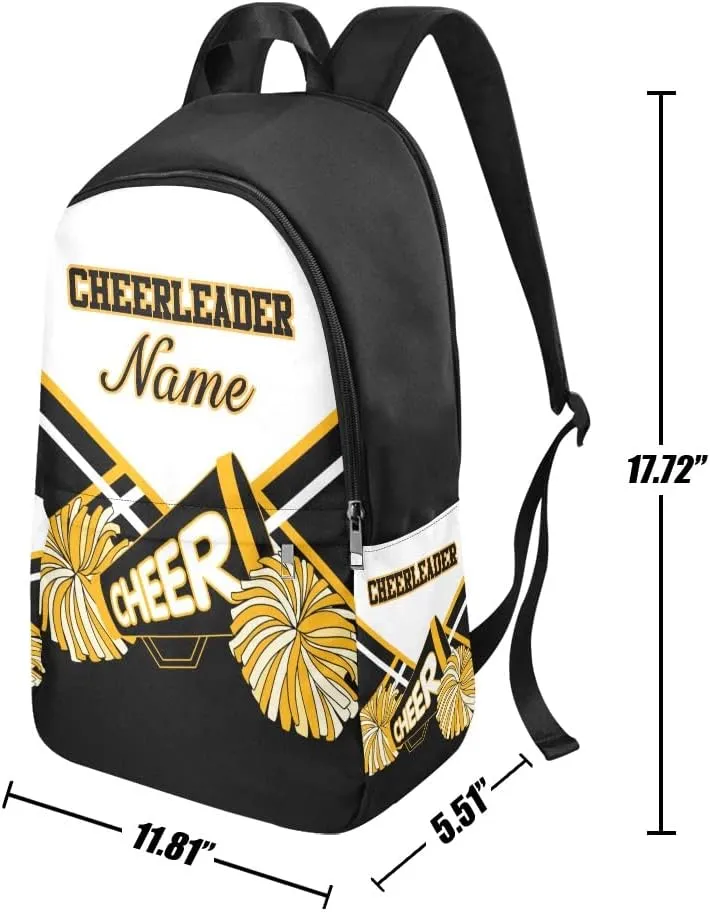 Personalized Cheerleader Black Gold & White Backpack with Name Custom Travel Daypack Bag for Man Woman Gifts