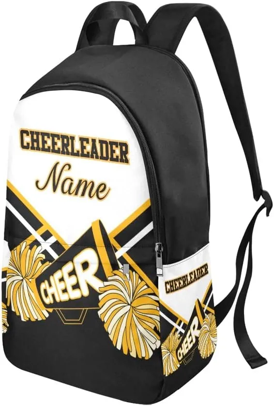 Personalized Cheerleader Black Gold & White Backpack with Name Custom Travel Daypack Bag for Man Woman Gifts