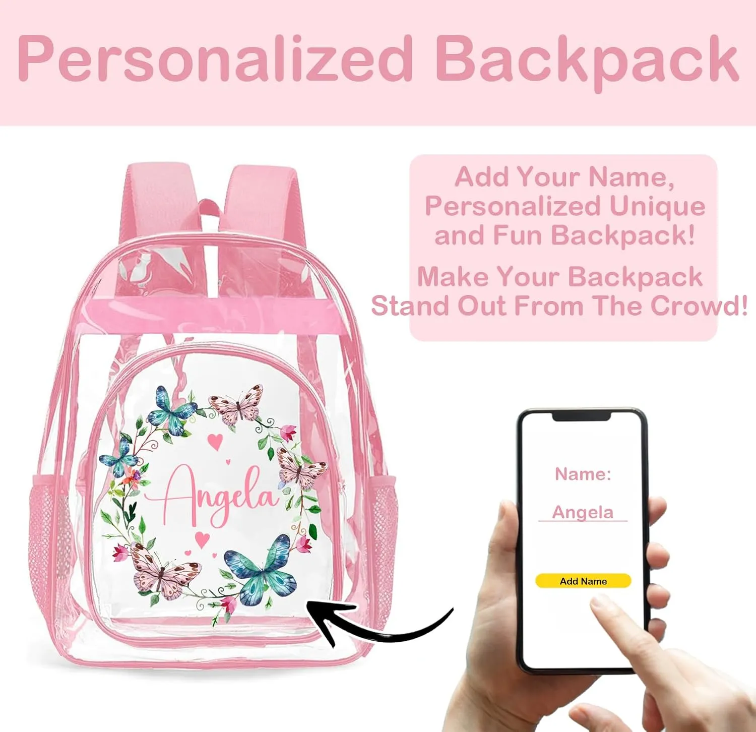 Personalized Clear Backpacks for Girls, Custom Clear Backpack with Name for Kids, with Reinforced Strap & Large Capacity PVC Transparent Waterproof Bookbag for School Travel