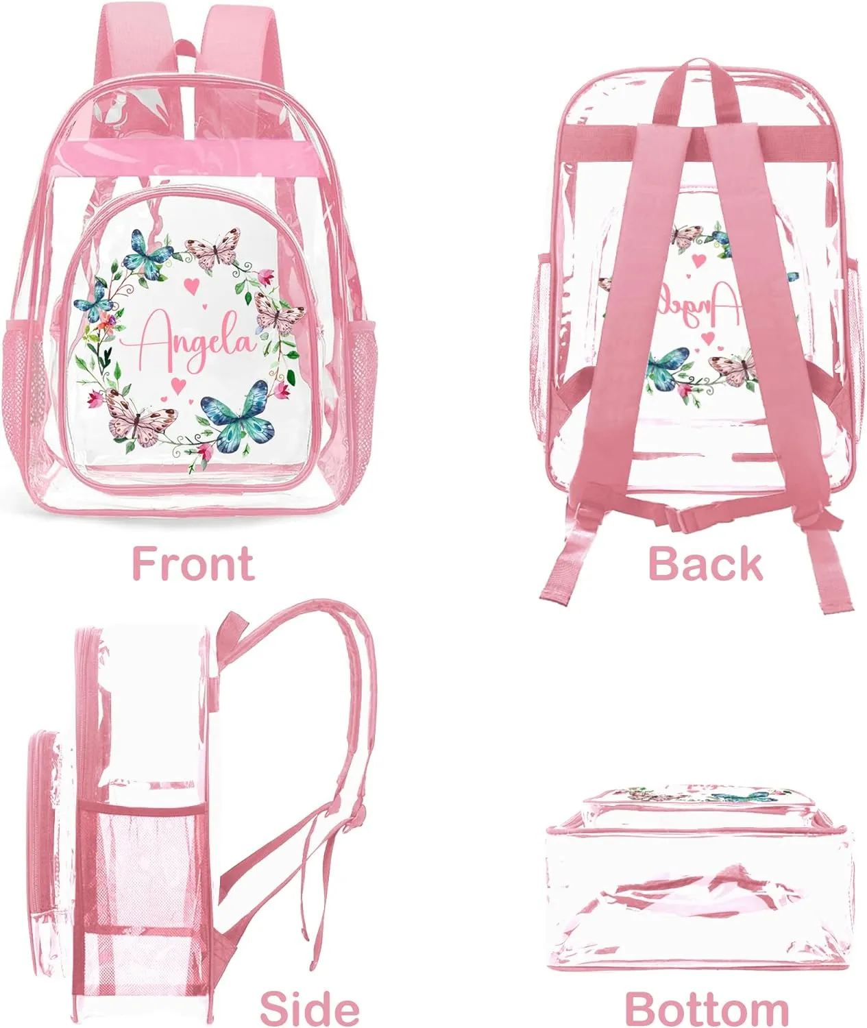 Personalized Clear Backpacks for Girls, Custom Clear Backpack with Name for Kids, with Reinforced Strap & Large Capacity PVC Transparent Waterproof Bookbag for School Travel