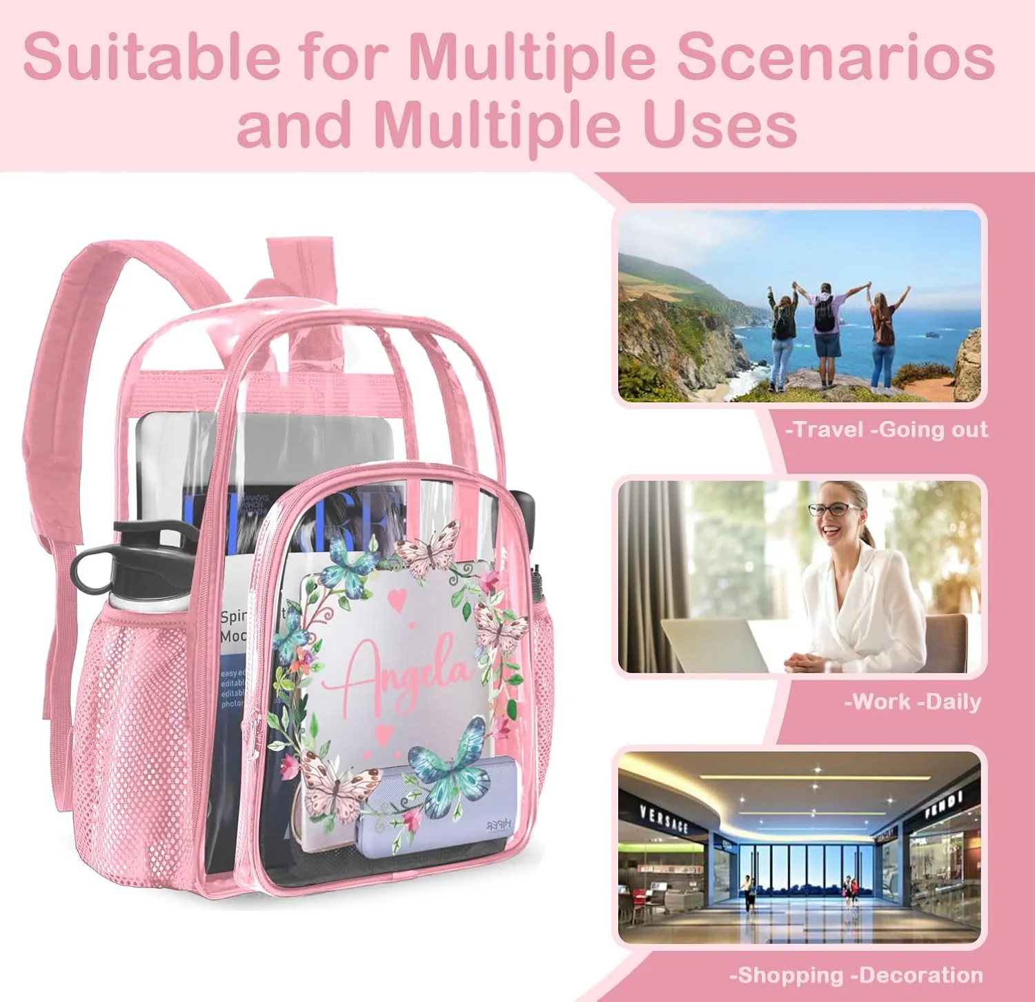 Personalized Clear Backpacks for Girls, Custom Clear Backpack with Name for Kids, with Reinforced Strap & Large Capacity PVC Transparent Waterproof Bookbag for School Travel