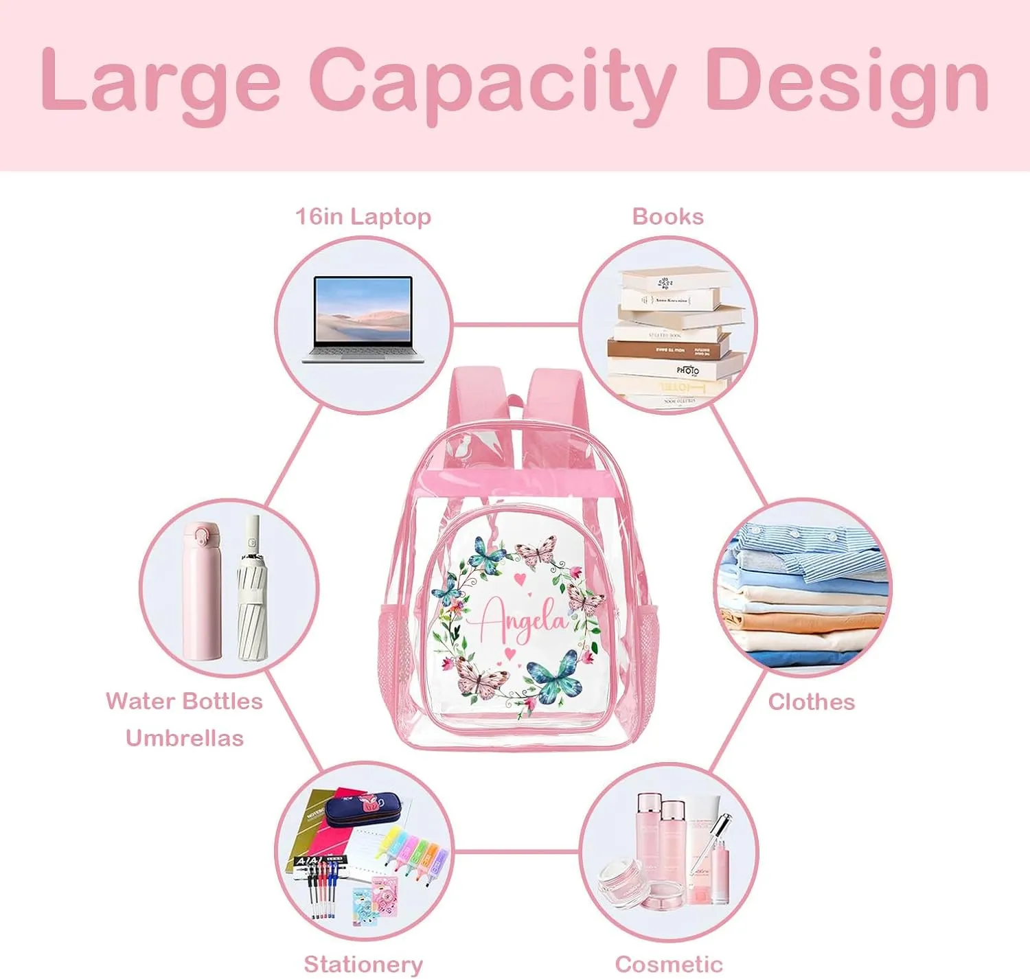 Personalized Clear Backpacks for Girls, Custom Clear Backpack with Name for Kids, with Reinforced Strap & Large Capacity PVC Transparent Waterproof Bookbag for School Travel