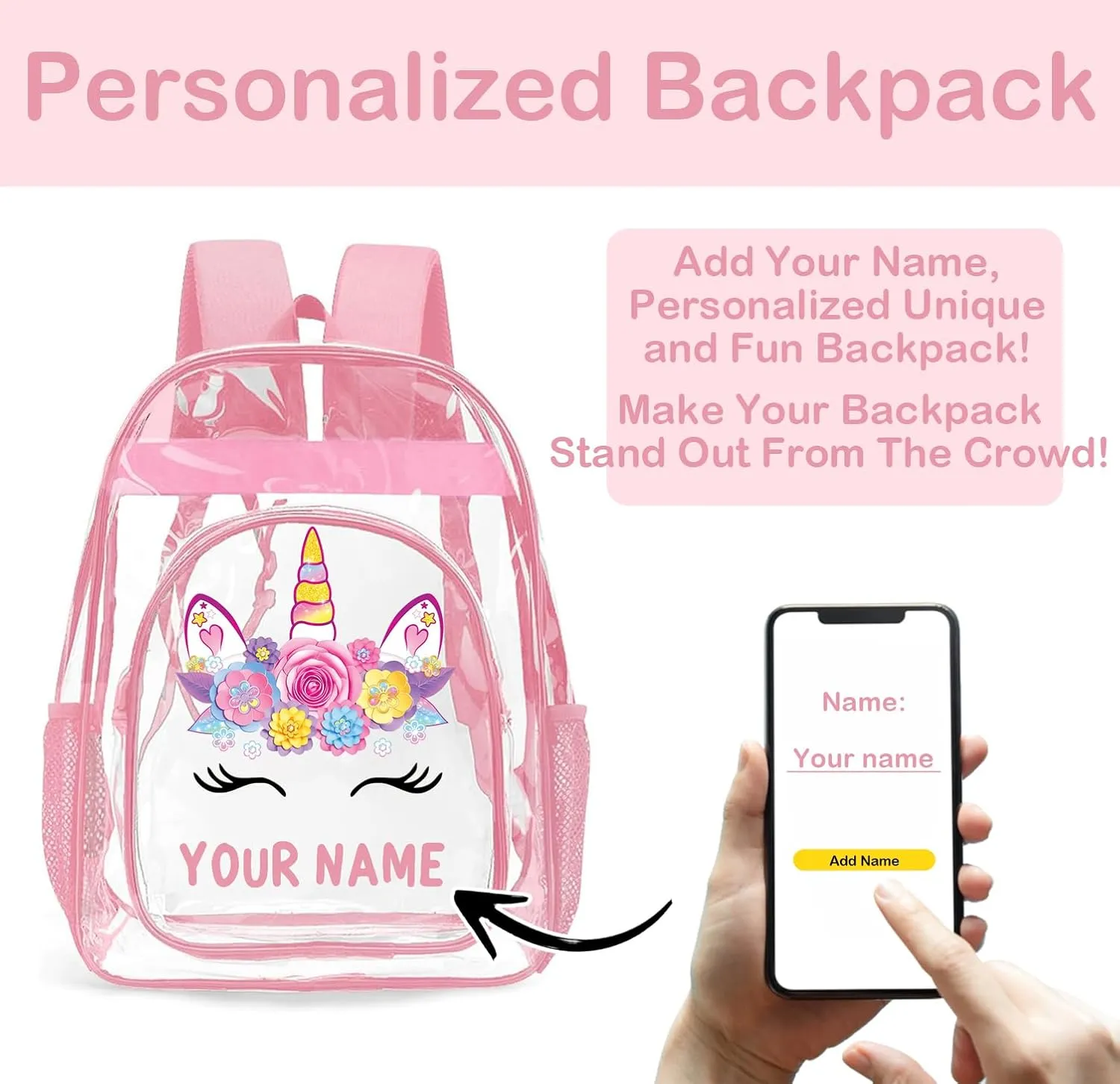Personalized Clear Backpacks with Name, Custom Unicorn Clear Backpack for Women Men, with Reinforced Strap & Large Capacity PVC Transparent Waterproof Backpacks for Travel Camping Work