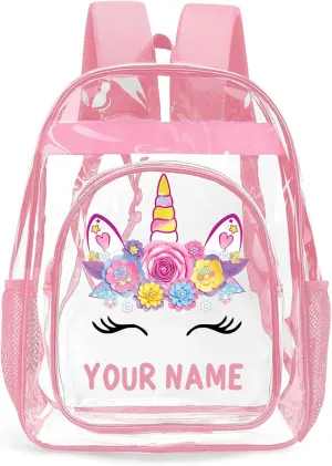 Personalized Clear Backpacks with Name, Custom Unicorn Clear Backpack for Women Men, with Reinforced Strap & Large Capacity PVC Transparent Waterproof Backpacks for Travel Camping Work